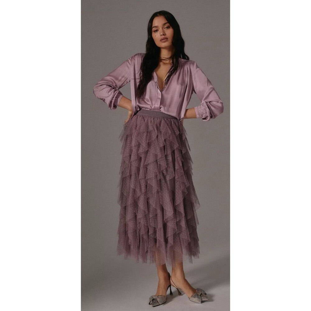 Anthropologie Midi Skirt Purple Cheri Ruffle Tulle Pull On Preppy Boho Large New